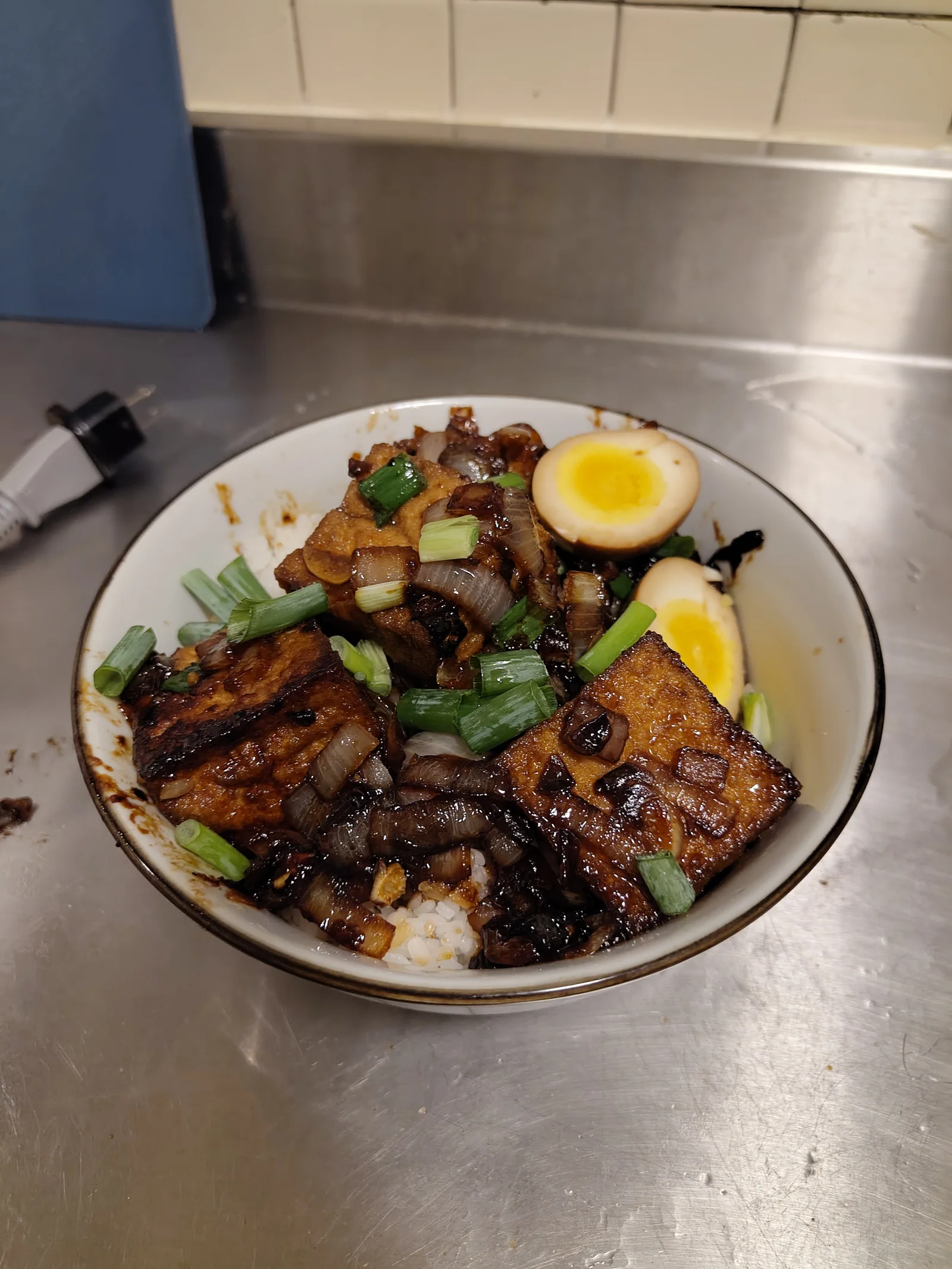 Homemade tofu and rice with a hard-boiled egg